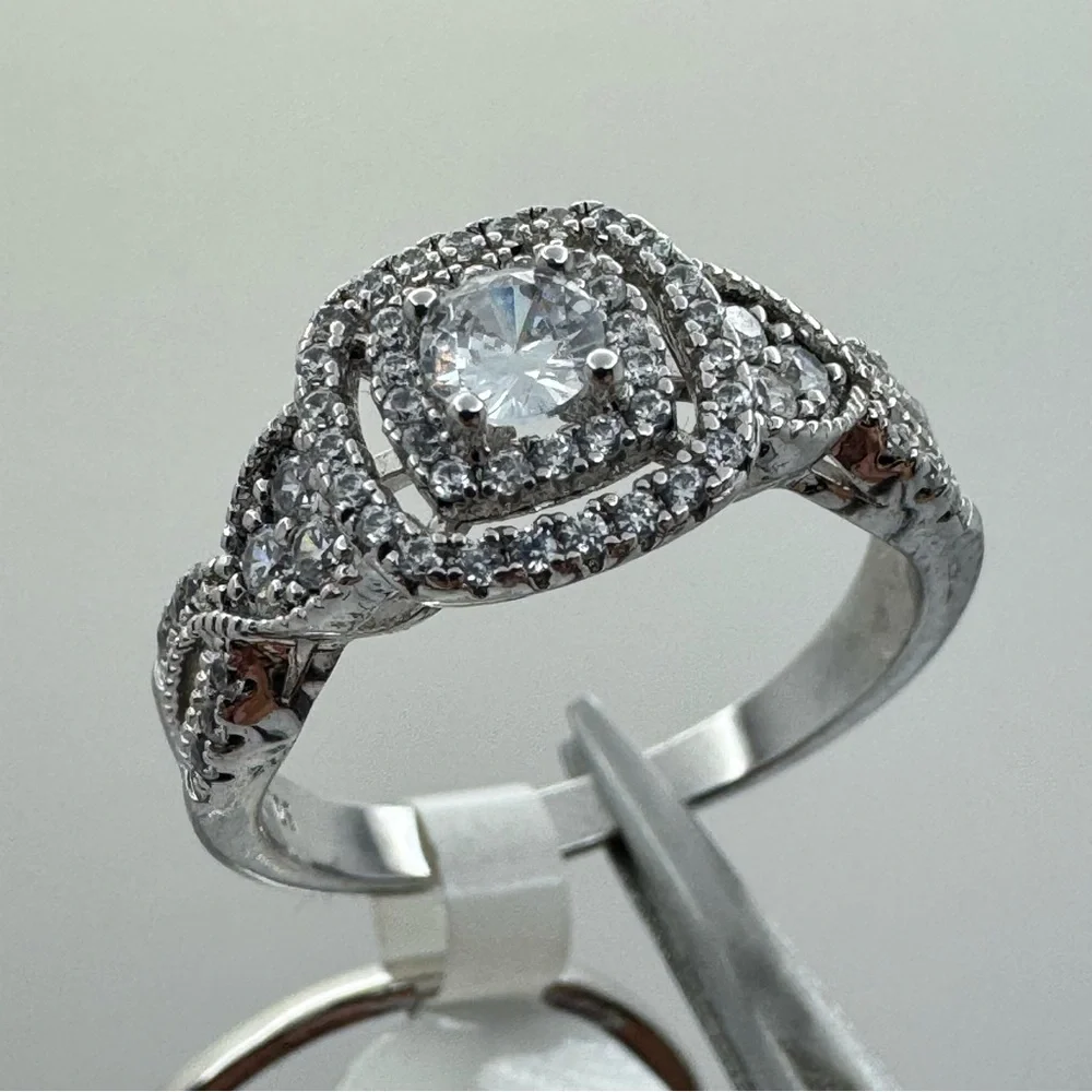 Sterling Silver CZ Double Band Halo Engagement Style Ring Size 9 New